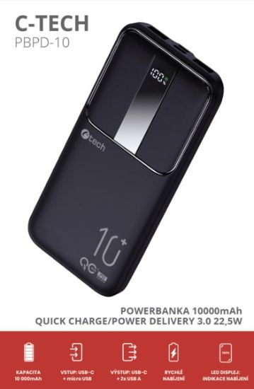 Obrázek C- TECH Powerbanka 10000mAh, Li- Pol, 22, 5W, USB- C/ USB- A/ micro USB