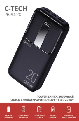 Obrázek C- TECH Powerbanka 20000mAh, Li- Pol, 22, 5W, USB- C/ USB- A/ micro USB