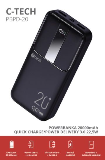 Obrázek C- TECH Powerbanka 20000mAh, Li- Pol, 22, 5W, USB- C/ USB- A/ micro USB