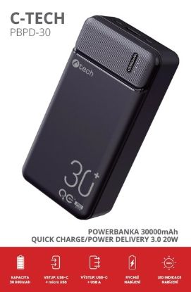Obrázek C- TECH Powerbanka 30000mAh, Li- Pol, 20W, USB- C/ USB- A/ micro USB