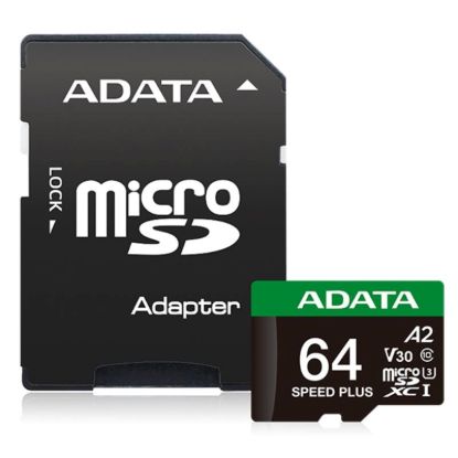 Obrázek ADATA MicroSDXC karta 64GB Speed Plus, U3, C10, A2, V30 (R: 160/ W: 140 MB/ s) + SD adaptér