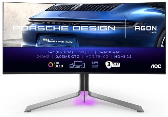 Obrázek AOC MT OLED LCD WLED 34" PD34 - OLED panel, 3440x1440, 240Hz, 0, 03ms, 2xHDMI, DP, USB- C, USB 3.2, repro, zakriven