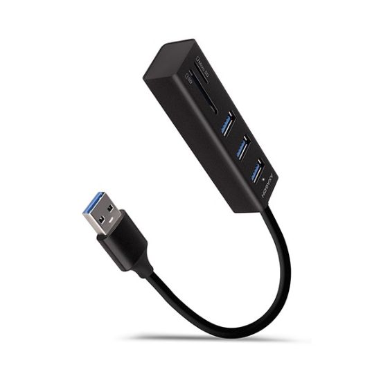 Obrázek AXAGON HMA- CR3A, USB 3.2 Gen 1 hub, porty 3x USB- A + čtečka karet SD/ microSD, kovový, kabel USB- A 20cm