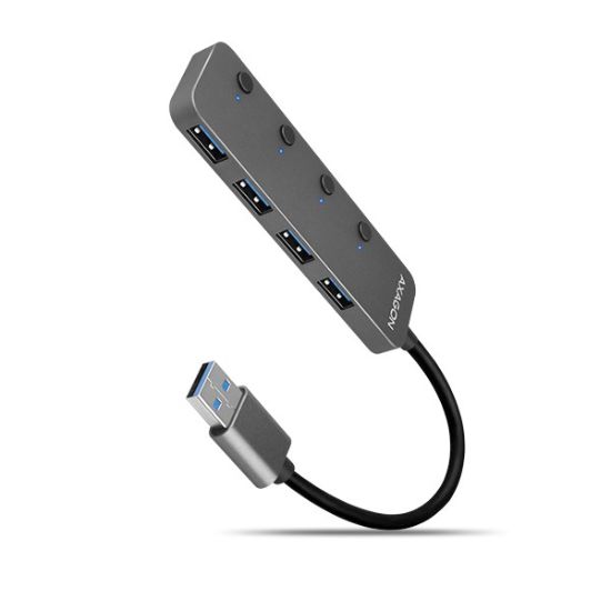 Obrázek AXAGON HUE- MSA, 4x USB 3.2 Gen 1 SWITCH hub, kovový, micro USB nap. konektor, kabel USB- A 20cm