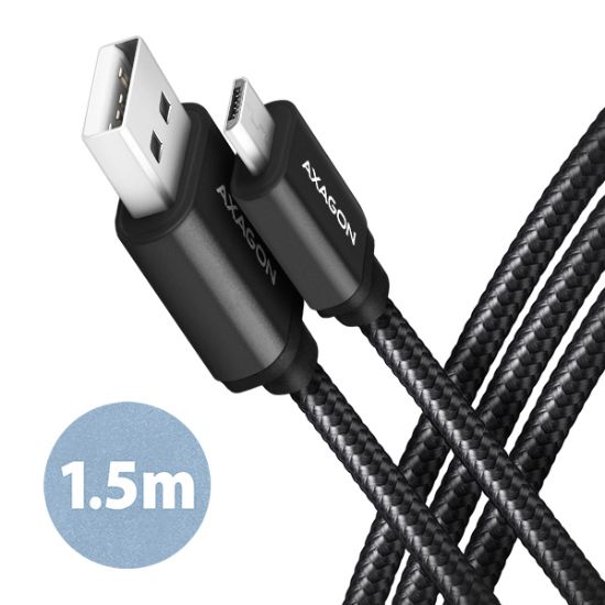 Obrázek AXAGON BUMM- AM15AB, HQ kabel Micro USB <- > USB- A, 1.5m, USB 2.0, 2.4A, ALU, oplet, černý