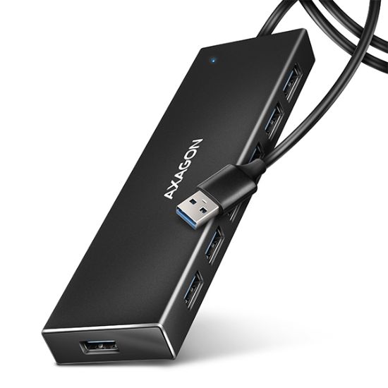 Obrázek AXAGON HUE- F7A, 7x USB 3.2 Gen 1 ALU FLAT CHARGING hub, micro USB napájecí konektor, kabel USB- A 1m