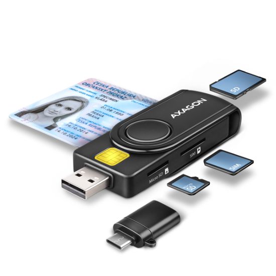 Obrázek AXAGON CRE- SMP2A, USB- A PocketReader 4- slot čtečka Smart card (eObčanka) + SD/ microSD/ SIM