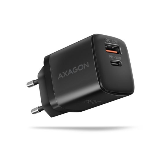 Obrázek AXAGON ACU- PQ30, Sil nabíječka do sítě 30W, 2x port (USB- A + USB- C), PD3.0/ PPS/ QC4+/ SFC/ AFC/ Apple, černá