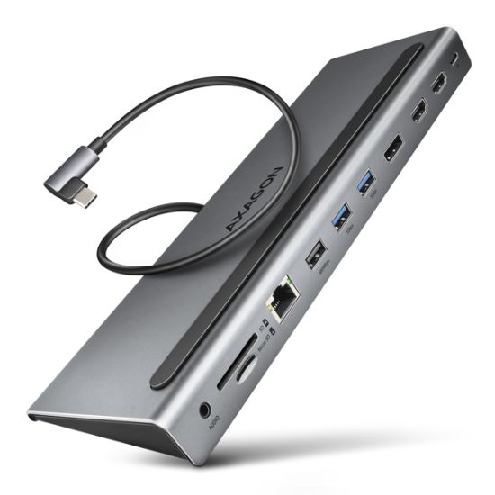 Obrázek AXAGON HMC- 4KX3 USB 5Gbps hub, 3x USB- A, 2x HDMI, DP, RJ- 45 GLAN, SD/ microSD, audio, PD 100W, kabel USB- C 40cm