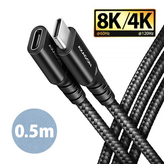 Obrázek AXAGON BUCM32- CF05AB prodlužovací kabel USB- C (M) <- > USB- C (F), 0.5m, USB 20Gbps, PD 240W 5A, 8K HD, ALU, oplet, černý