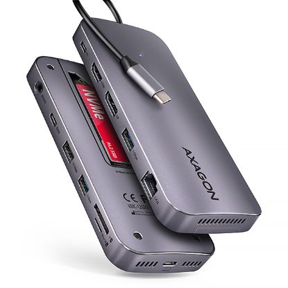 Obrázek AXAGON HMC- 12GM2, USB 10Gbps hub, 3x USB- A, USB- C, HDMI, DP, RJ- 45 GLAN, M.2, SD/ mSD, audio, PD 100W, kabel USB- C 50cm