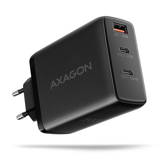 Obrázek AXAGON ACU- DPQ100, GaN nabíječka do sítě 100W, 3x port (USB- A + dual USB- C), PD3.0/ PPS/ QC4+/ Apple, černá