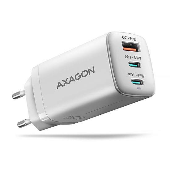 Obrázek AXAGON ACU- DPQ65W, GaN nabíječka do sítě 65W, 3x port (USB- A + dual USB- C), PD3.0/ QC4+/ PPS/ Apple, bílá