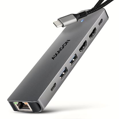 Obrázek AXAGON HMC- 7HX2, USB 5Gbps hub, 2x USB- A, USB- C, 2x HDMI 4k/ 60Hz, RJ- 45 GLAN, PD 100W, kabel USB- C 15cm