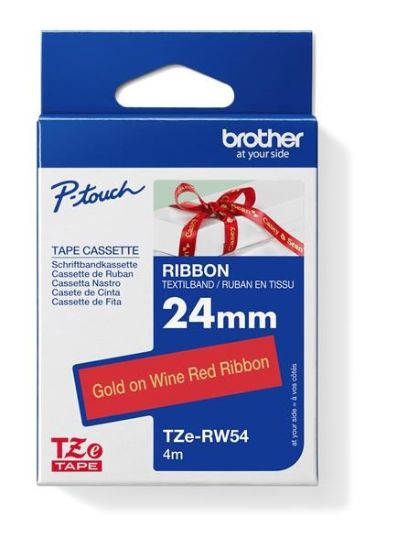 Obrázek BROTHER TZE- RW54 - kazeta TZ šířky 24mm, TEXTILNÍ páska 4m- pro tvorbu dárků - NELEPÍCÍ - ČERVENÁ PÁSKA ZLATÝ POTISK gold