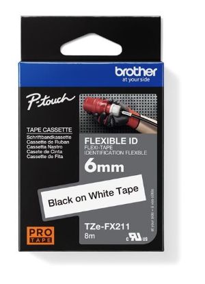 Obrázek BROTHER TZEFX211 - kazeta TZ šířky 6mm, flexibilní páskou TZE- FX211, bílá/ černé písmo
