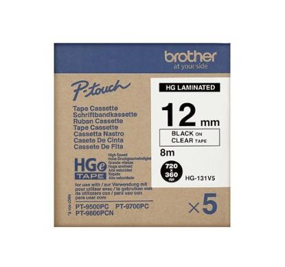 Obrázek BROTHER HGE- 131V5 Labelling Supplies, 12mm Black/ Clear (5 pcs Pack) High Grade Tape