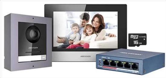 Obrázek Hikvision DS- KIS602(B), Kit IP videotelefonu, bytový monitor + dveřní stanice + switch