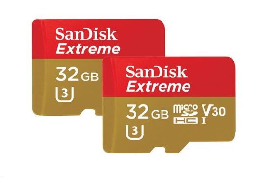 Obrázek SanDisk MicroSDHC karta 32GB Extreme (100MB/ s, A1 C10 V30 UHS- I U3, pro akční kamery) + adaptér, Twin Pack