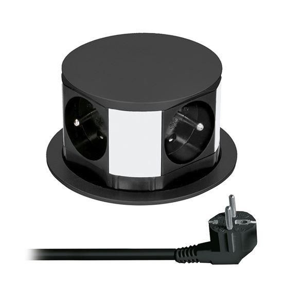 Obrázek Solight prodlužovací přívod, 4 zásuvky, černý, 1, 5m, výsuvný blok zásuvek, kruhový tvar