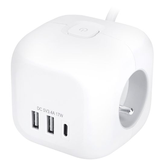 Obrázek Solight 3z + USB A+C prodlužovací přívod - kostka, kabel 2m, 3 x 1mm2, bílý, vypínač