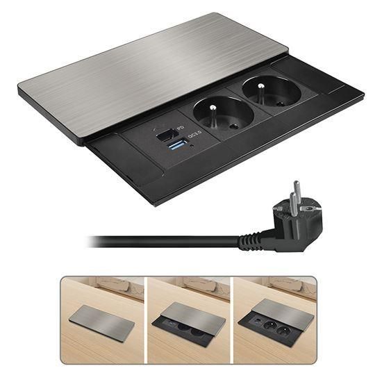 Obrázek Solight vestavný blok zásuvek s posuvným krytem, 2 zásuvky, USB A+C 20W PD, 2m, stříbrný