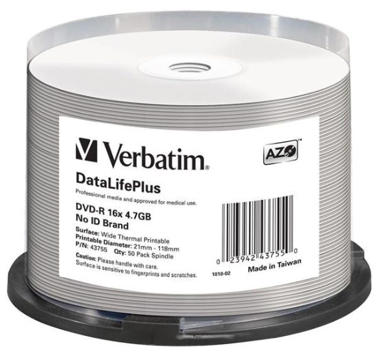 Obrázek VERBATIM DVD- R(50- Pack)/ Spindle/ 16X/ 4.7GB/ DataLife Plus Wide Thermal Professional No ID Brand