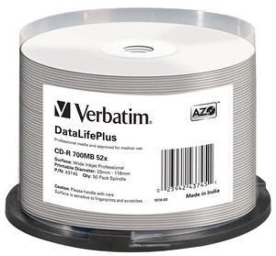 Obrázek VERBATIM CD- R(50- pack) spindl, AZO 52X, 700MB, WHITE WIDE PRINTABLE SURFACE NON- ID