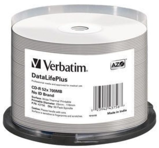 Obrázek VERBATIM CD- R(50- pack) spindl, AZO 52X, 700MB, WHITE WIDE THERMAL PRINTABLE SURFACE NON- ID